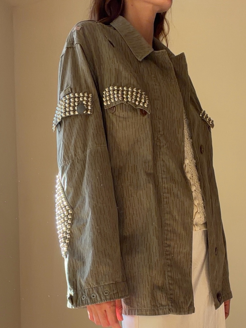 Women's Olive Green Stud-Embellished Utility Jacket